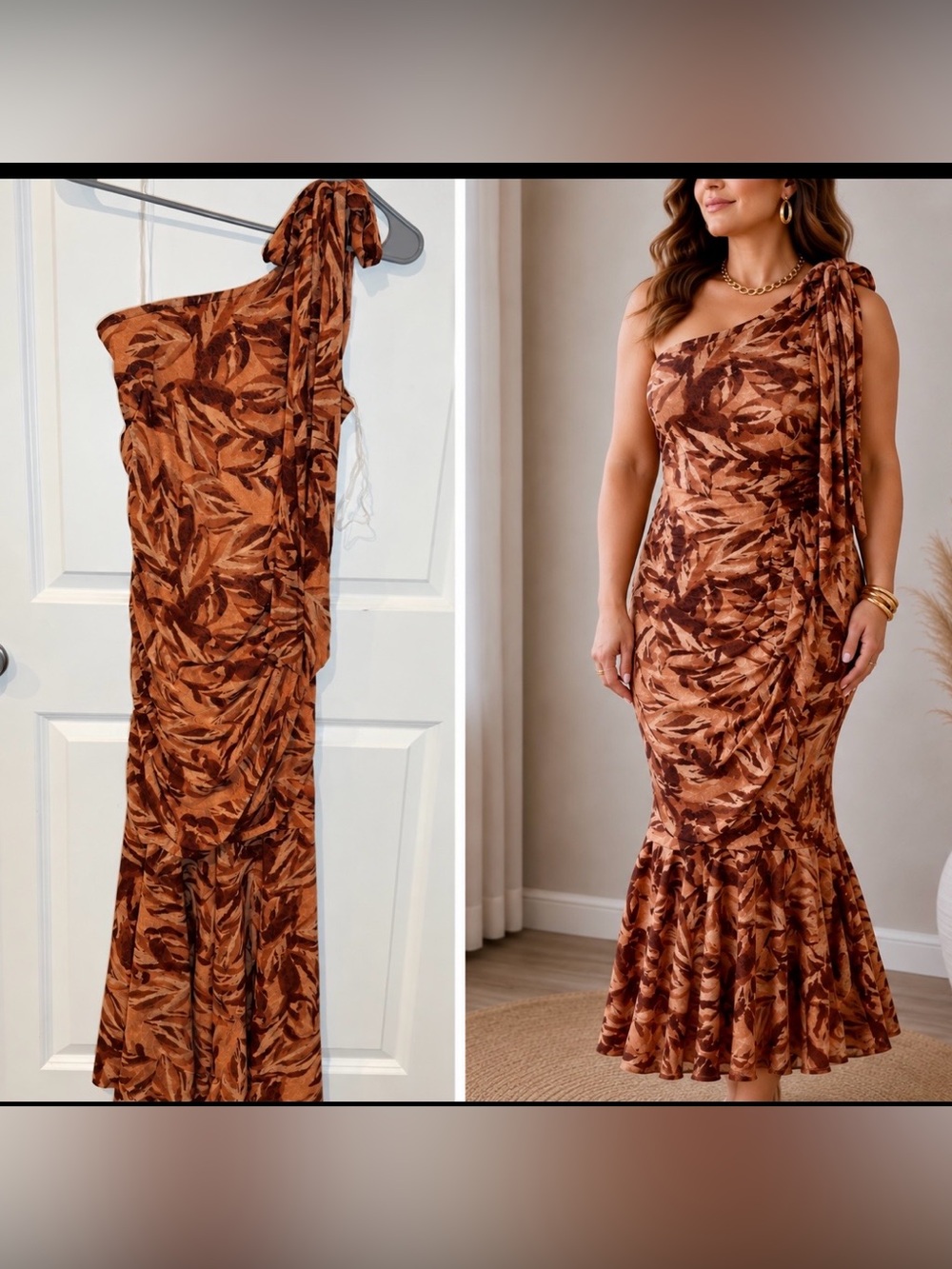 NWT Ember Mermaid  Draped Caramel and Gold Leaf-Print Maxi Dress sz XL